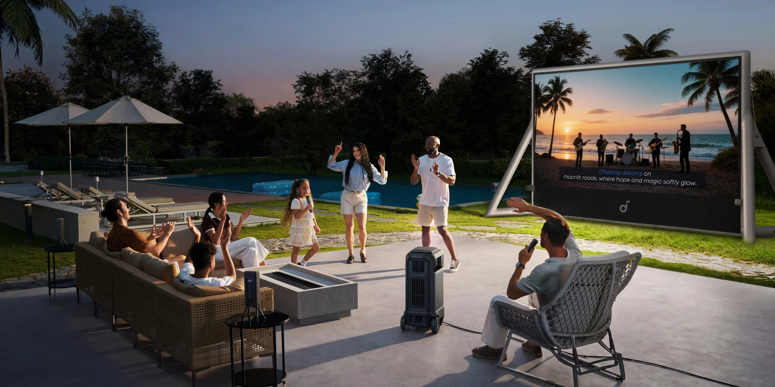 Large outdoor screen setup for a backyard party