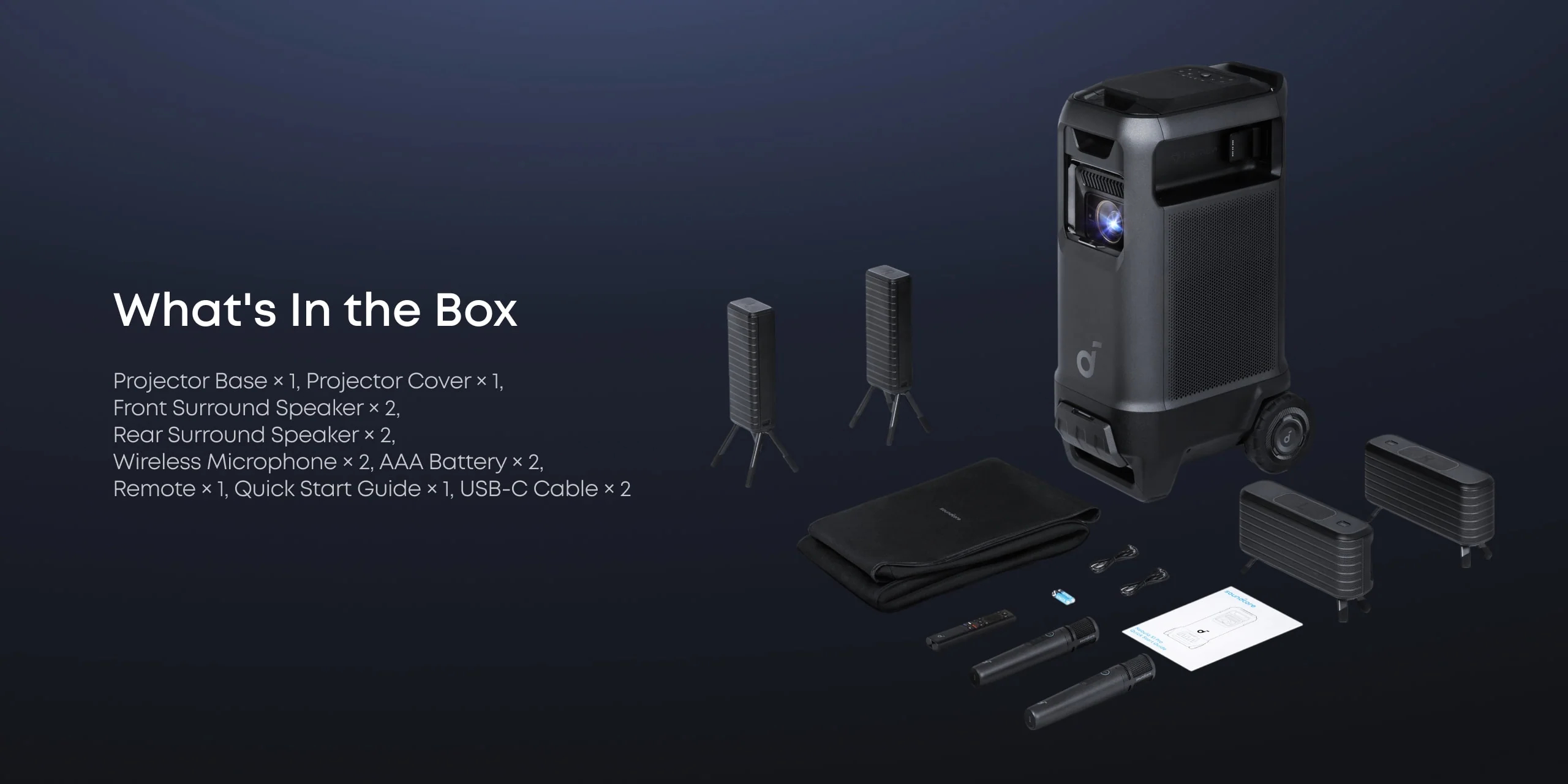 Projector system, speakers, microphones, remote, and accessories